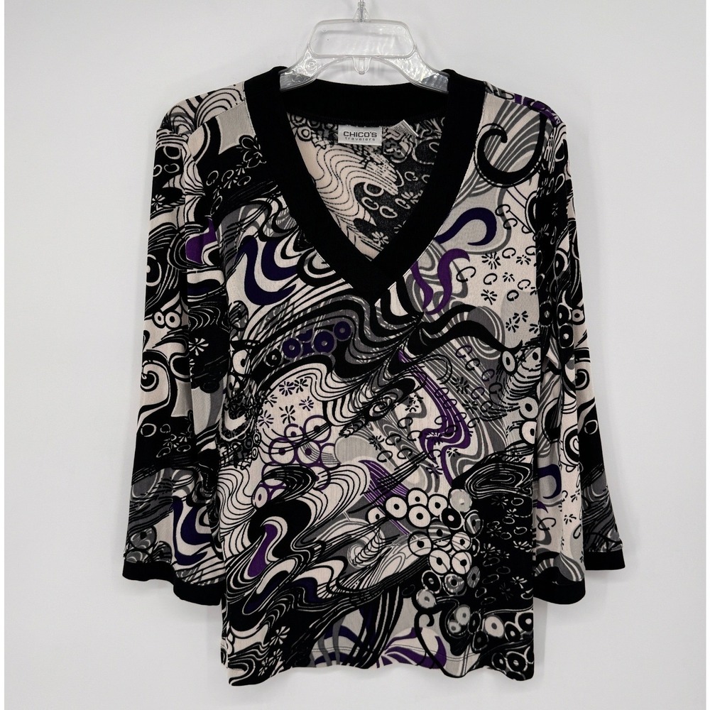 Chico's Travelers V-Neck Top Women Size 1 Black Purple Abstract Print Excellent
